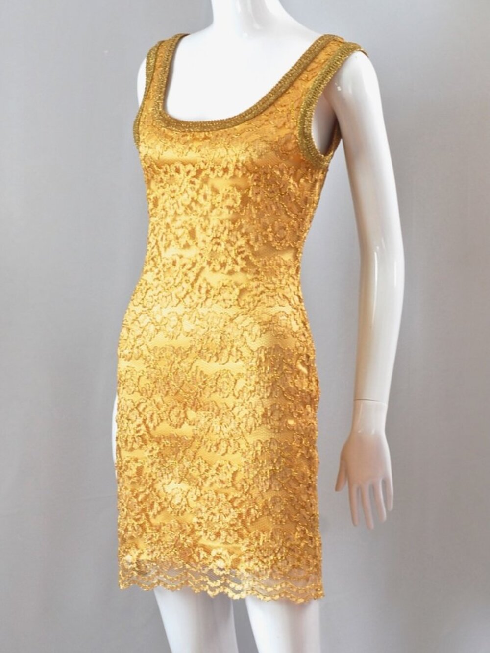 Emanuel Ungaro Gold Metallic Lace Cocktail Dress - USA